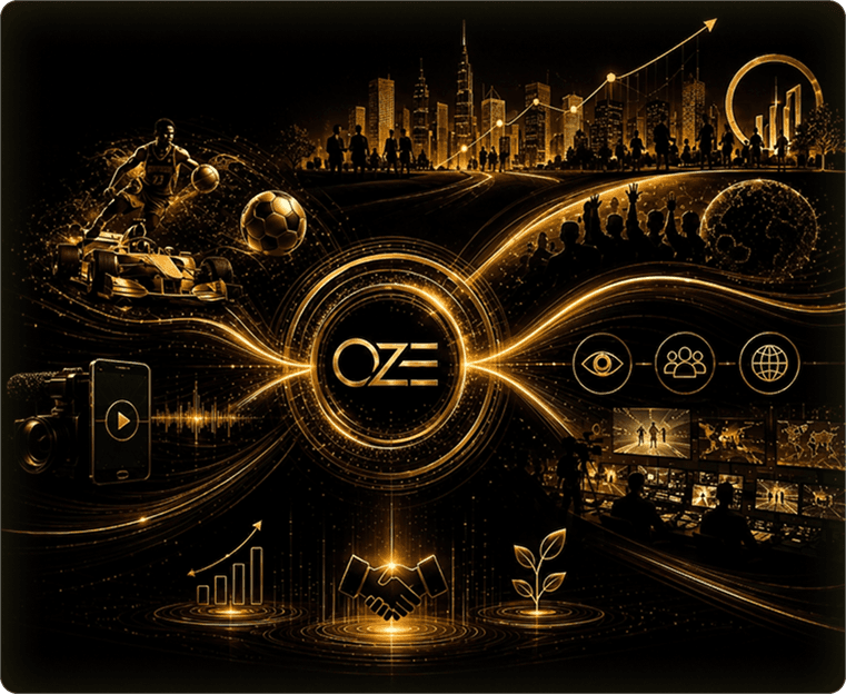 Gold montage of sport, media and community woven around the OZE mark.
