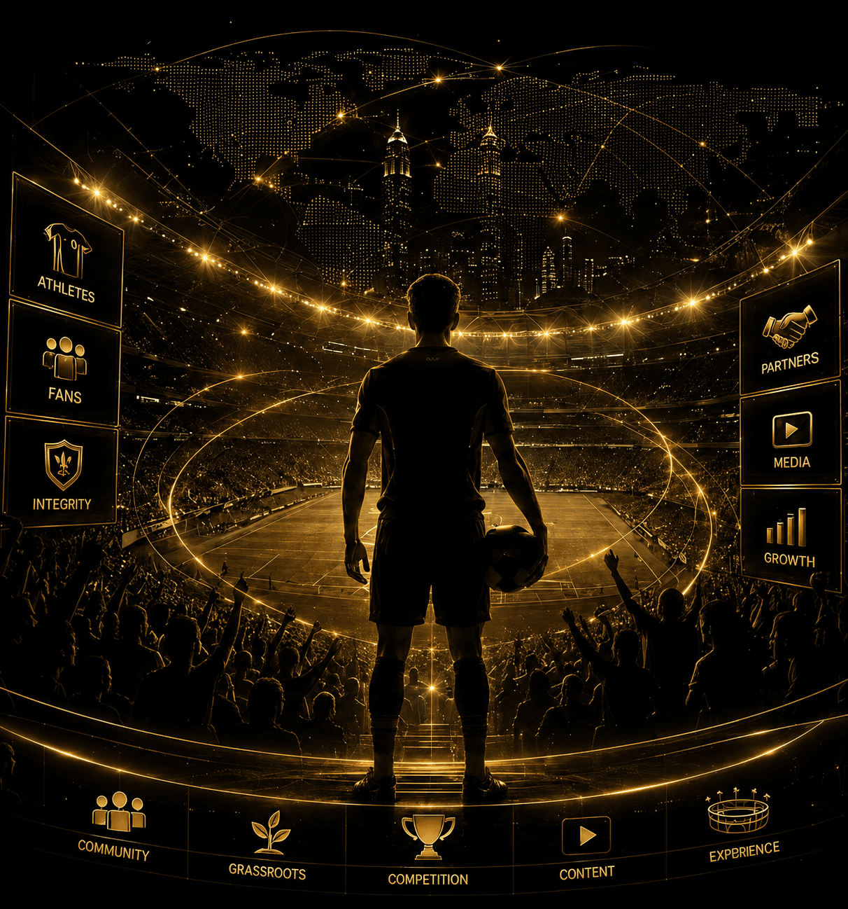 Sports stadium with golden overlay illustrating the intersection of sport, media and commercial growth.