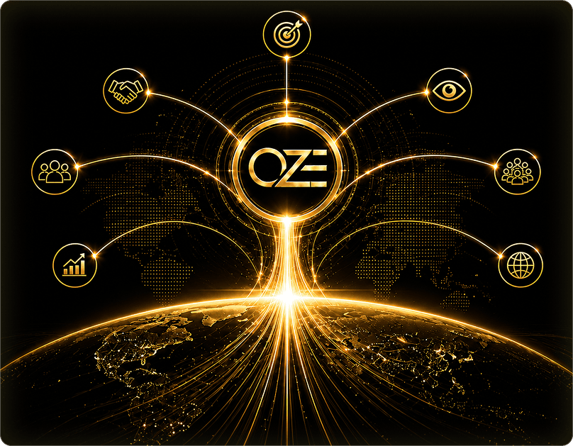 The OZE mark radiating gold connections across a globe of value nodes.
