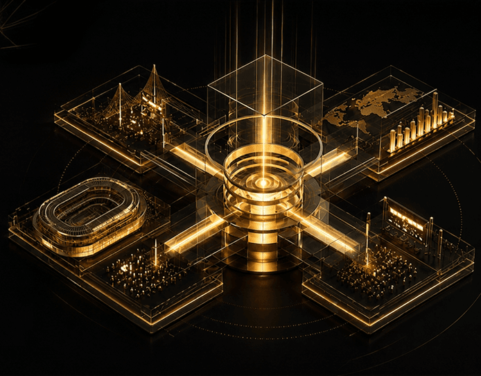 Isometric visualisation of a commercially structured sport, media and community platform.