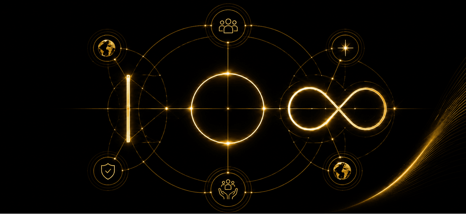 Golden constellation linking people, community, protection and infinite growth.